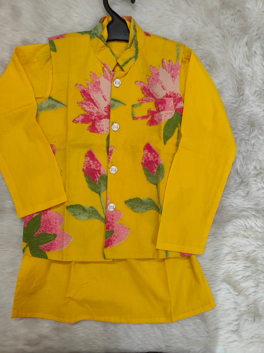 Yellow Cotton Floral Kurta Pajama Jacket Set For Kids Boy