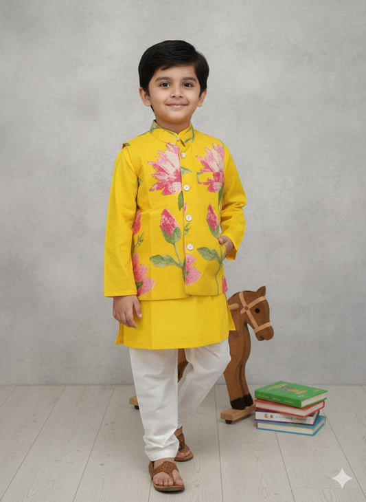 Yellow Cotton Floral Kurta Pajama Jacket Set For Kids Boy