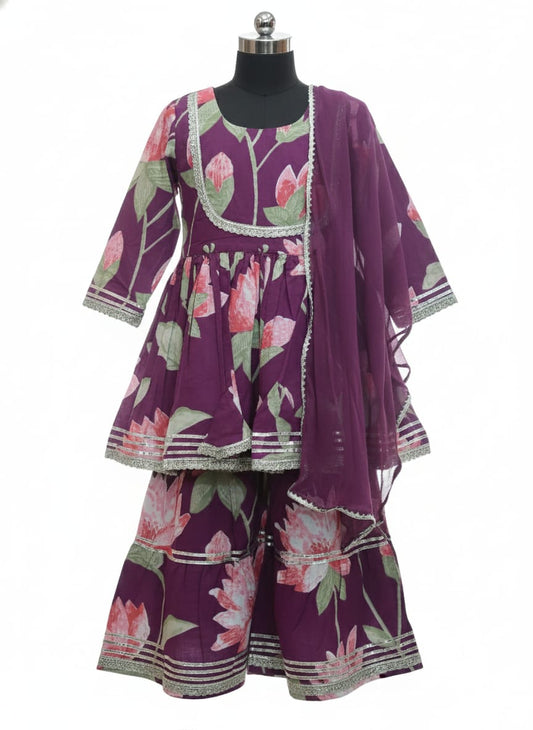 Purple Cotton Floral Sharara Set For Kids Girl