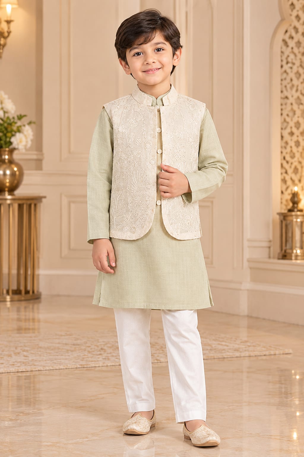 Boys’ sage green kurta pajama set with an attached jacket