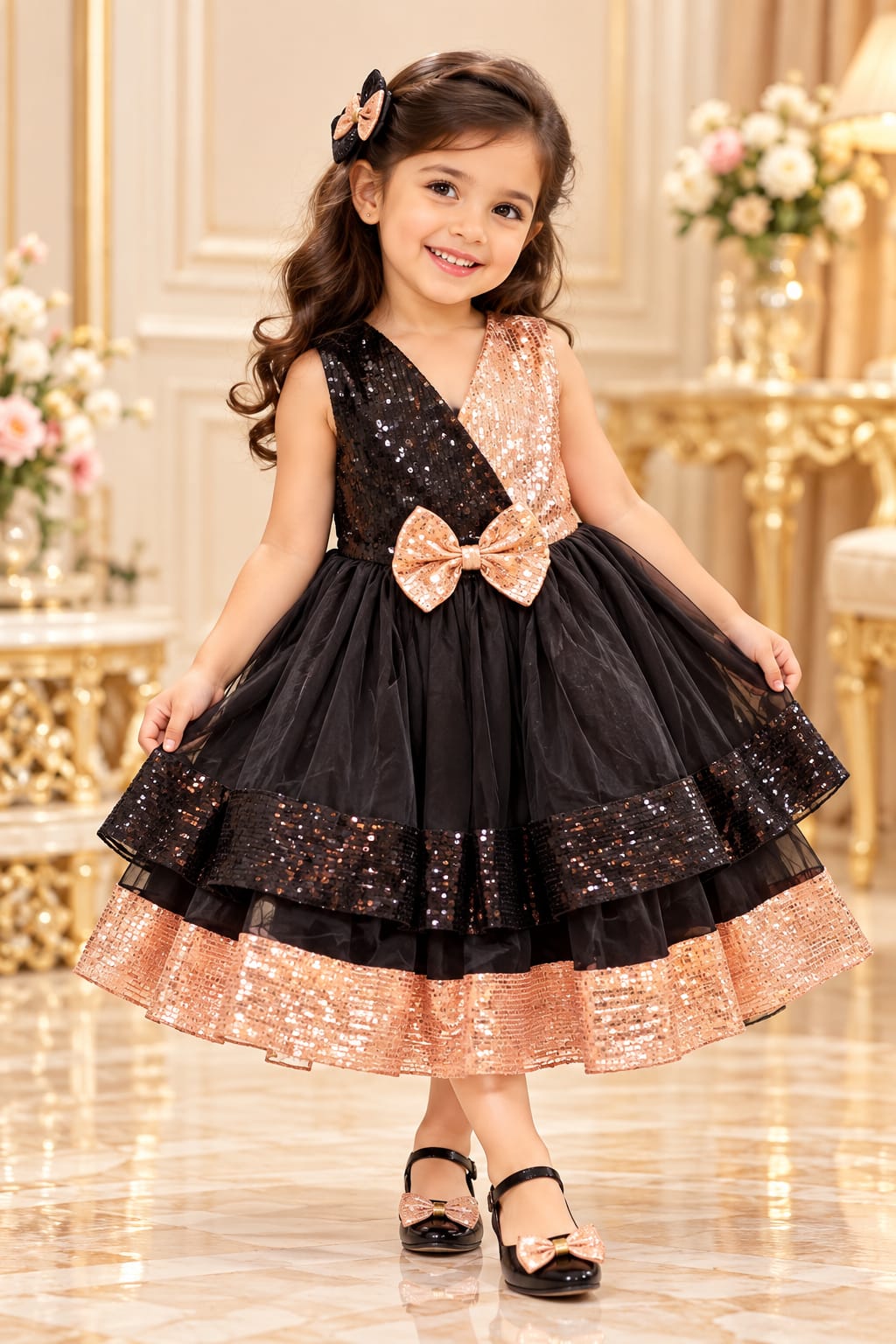 Girls’ black party frock with floral embroidery and puff sleeves