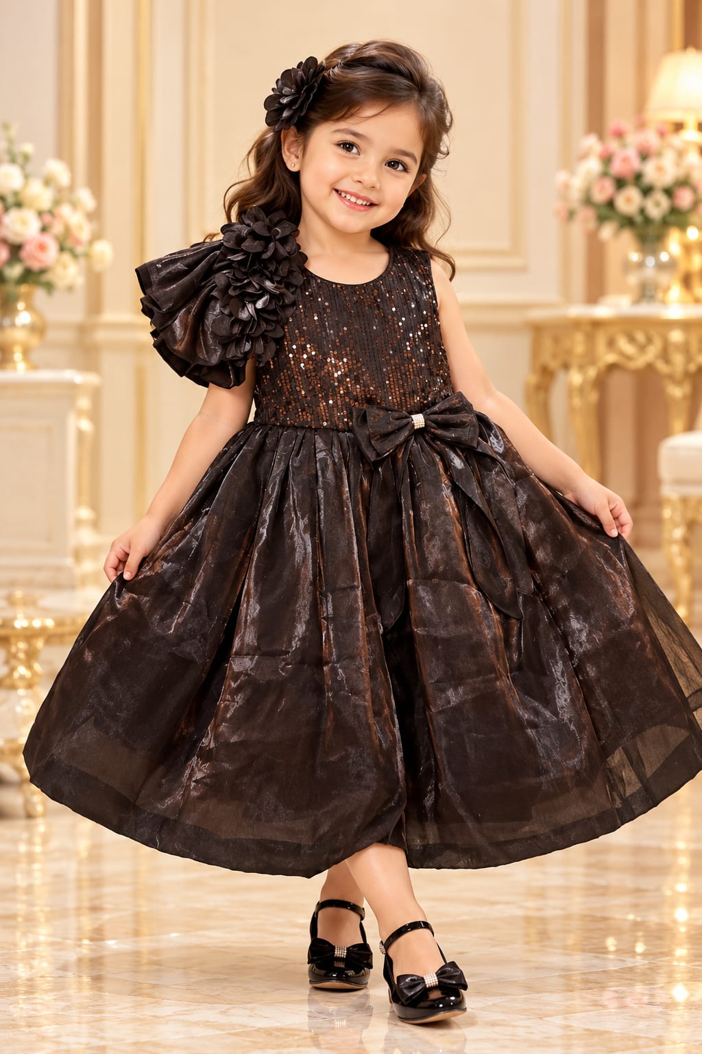 Girls’ black party gown with floral embroidery and puff sleeves