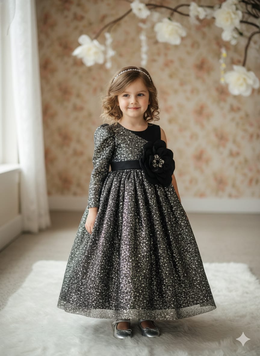 Front view of a girl wearing a black and silver one-sleeve party dress with a black waist flower and silver-tone hem
