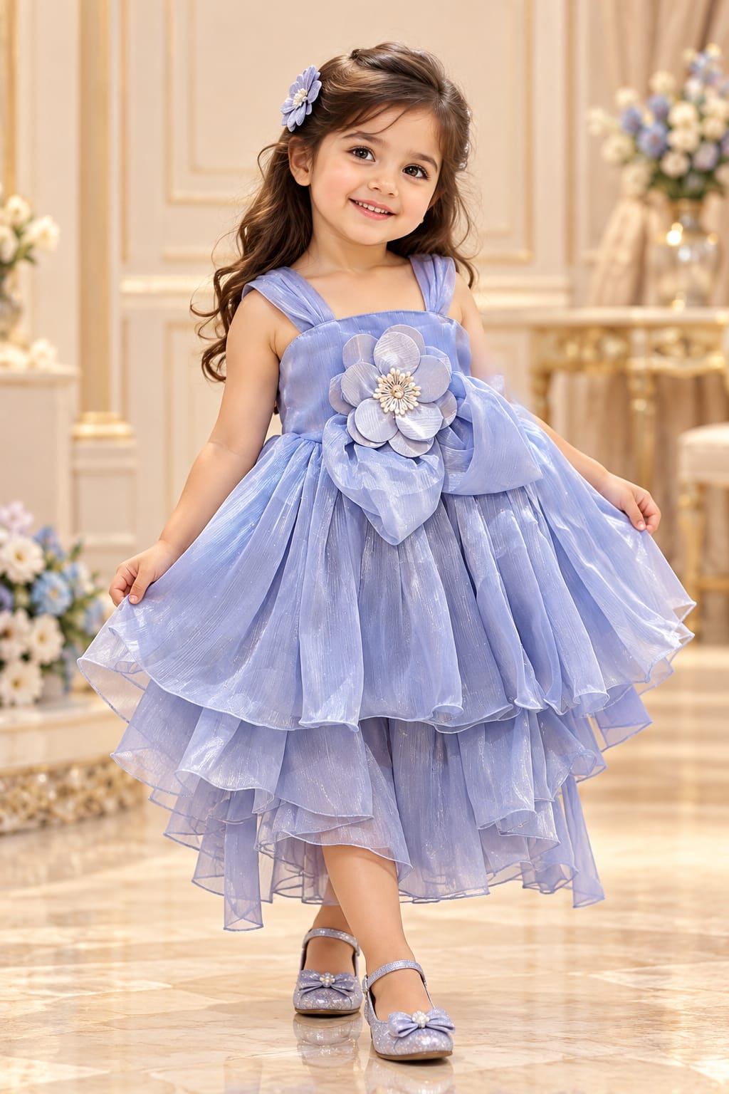 Girl wearing a lavender layered party dress with broad shoulder straps, a large waist flower and an oversized bow