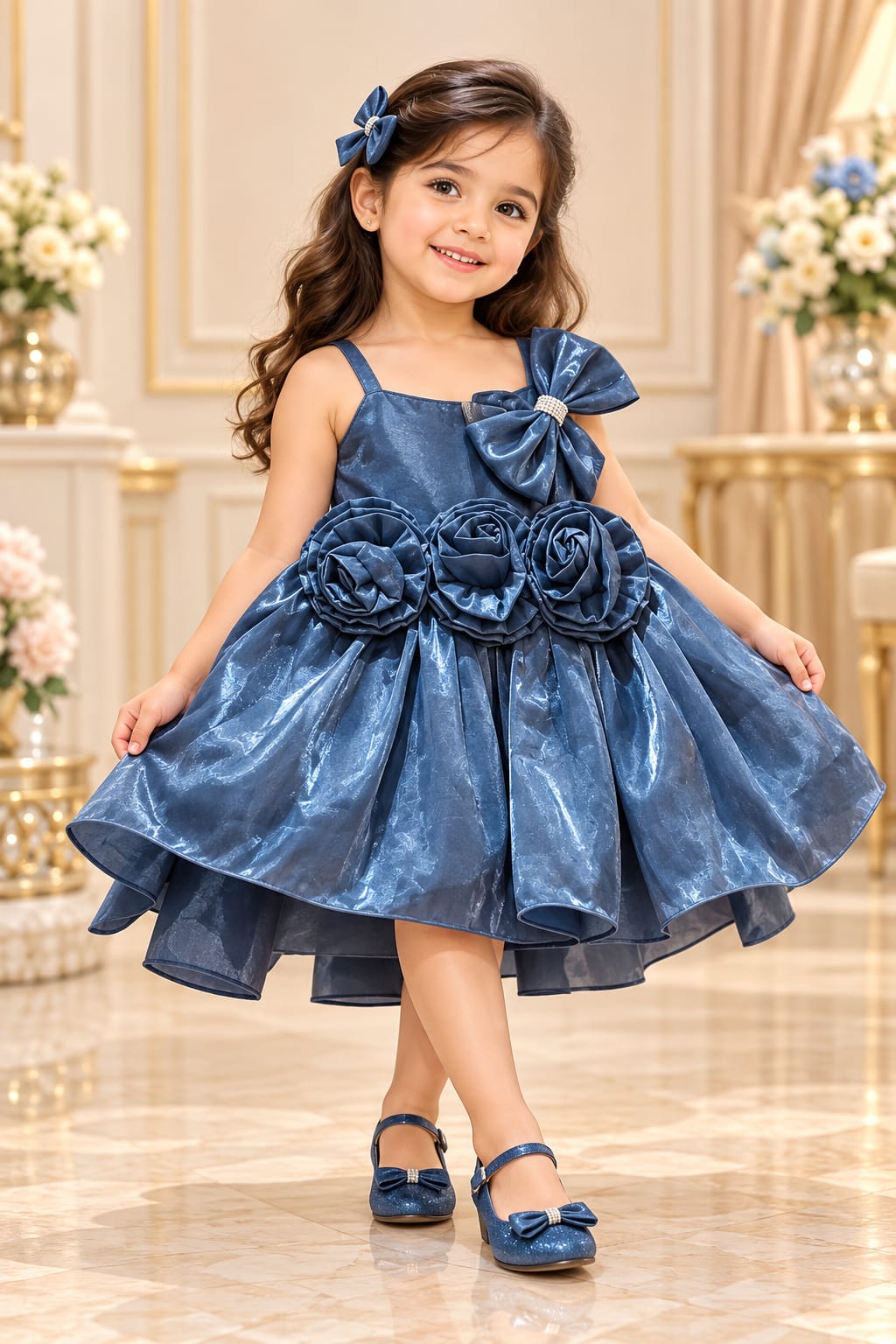 Girl wearing a navy blue satin party dress with a shoulder bow, fabric flowers at the waist and a layered skirt
