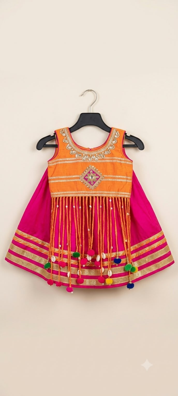 Orange blouse and pink lehenga with gold trim displayed on a hanger