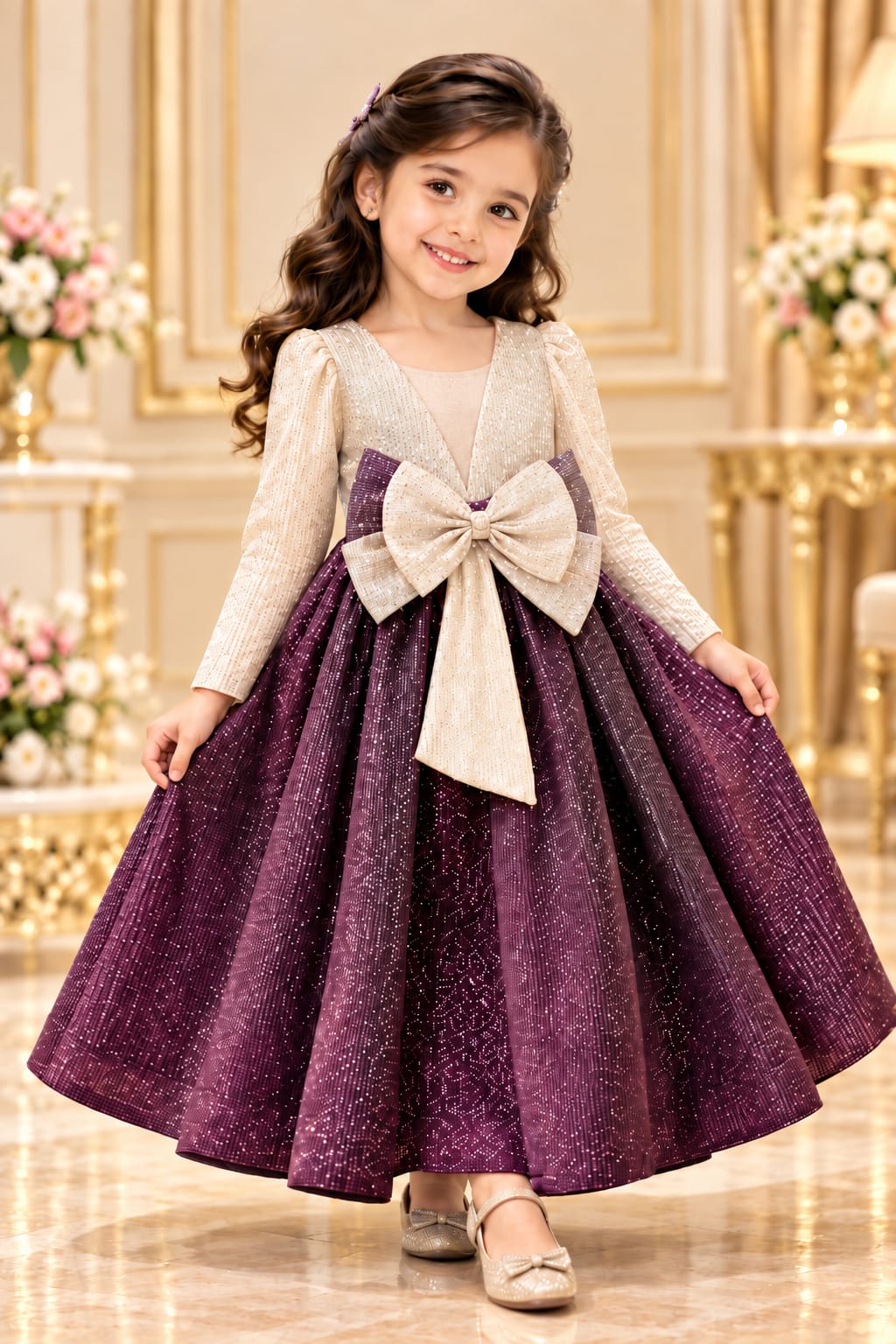 Girls’ purple lehenga dress with bow detail