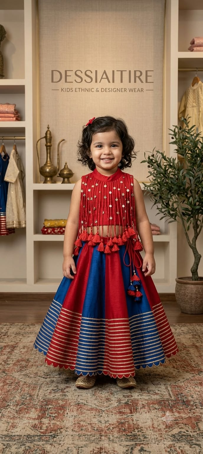 Girl wearing a red tassel choli and red-blue panelled lehenga with gold-striped border