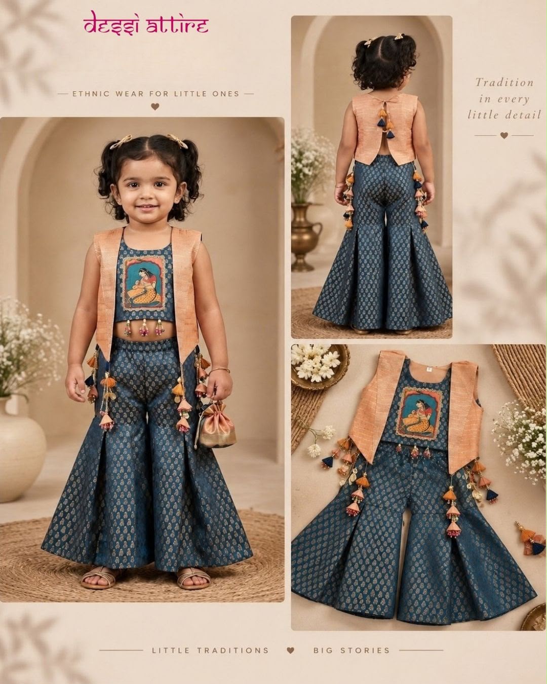 showing a girl wearing a teal blue embroidered sharara set, with front and back views