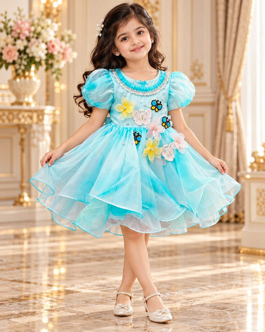 Girl wearing a turquoise party dress with puff sleeves and a layered ruffle skirt