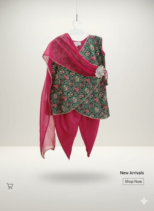 Multicolor Cotton Dola Silk Patola Print Dhoti Set For Kids Girl