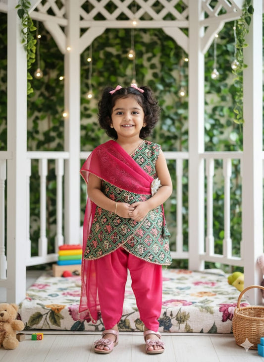 Multicolor Cotton Dola Silk Patola Print Dhoti Set For Kids Girl